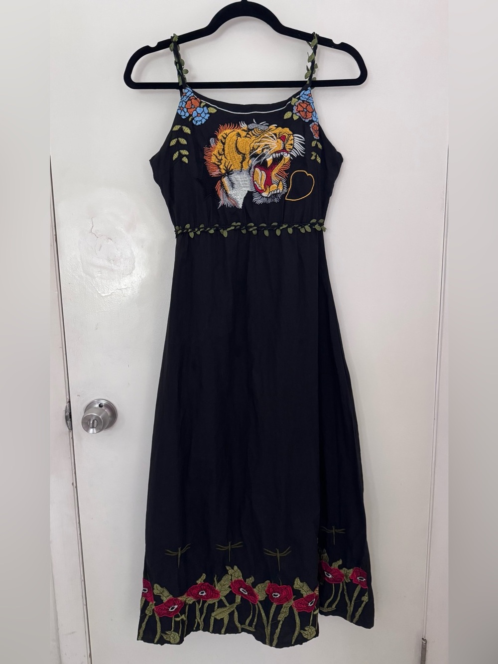 Black Embroidered Midi Dress with Tiger Motif - Picture 2 of 16